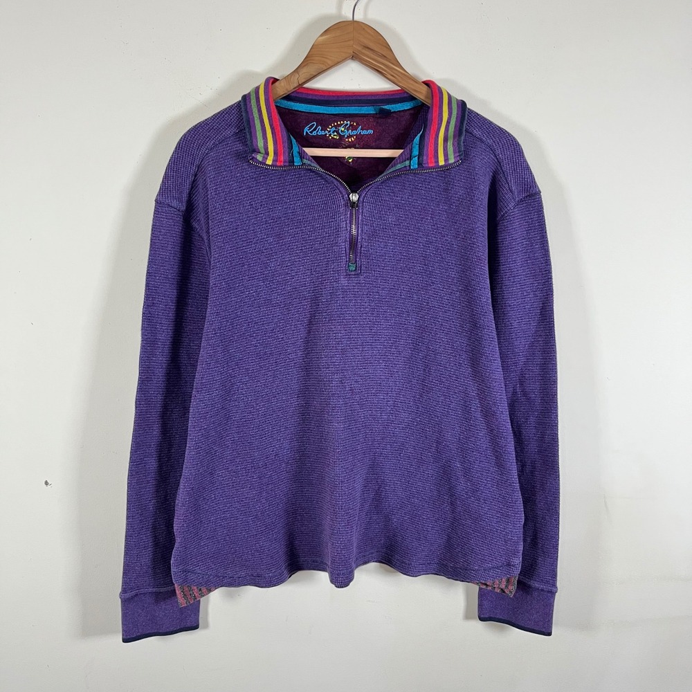 Robert Graham Waffle Knit Quarter Zip Sweater Colorful Collar Purple Mens XL